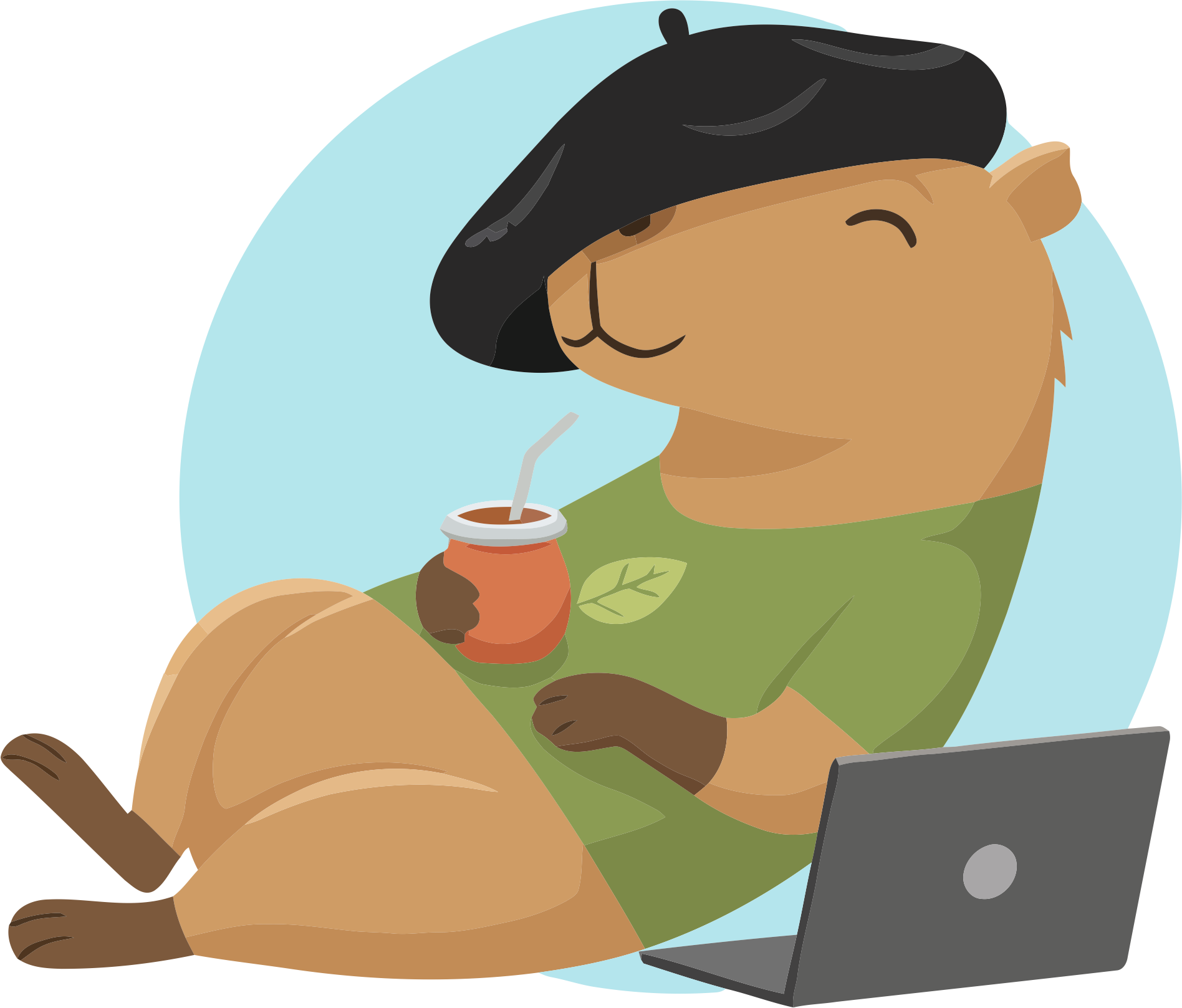 Mascota de KARPI relajada con un mate y una laptop